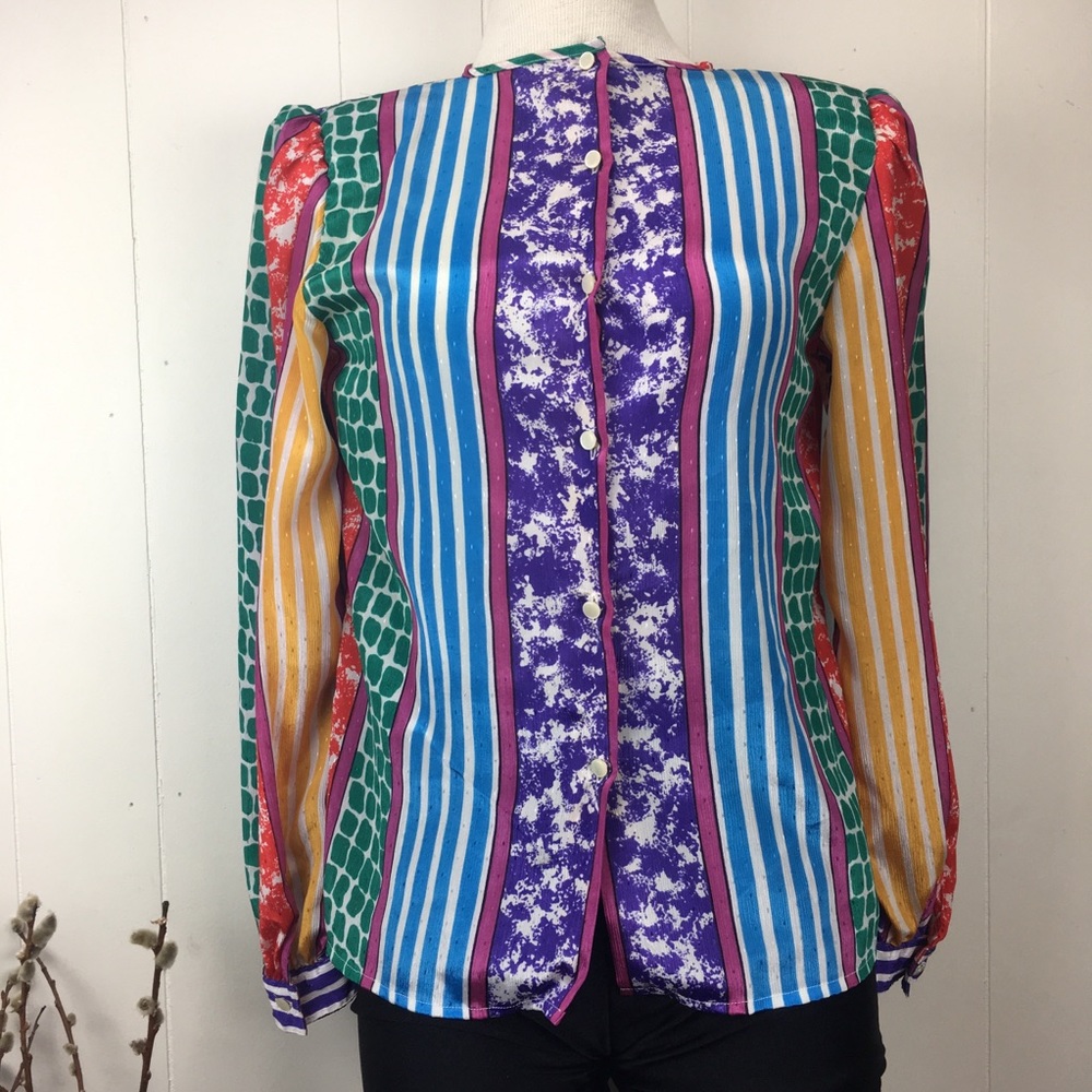 Vtg 80s Multi-Colored Patterned Button Down Blouse - image 7